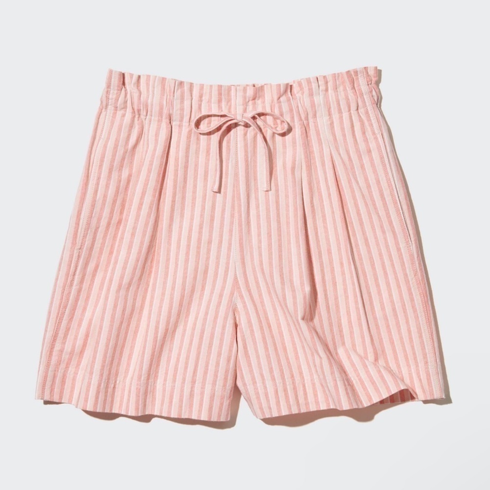 UNIQLO WOMENS PAPER BAG TIE WAIST COTTON LINEN BLEND STRIPE SHORTS LT ORANGE M